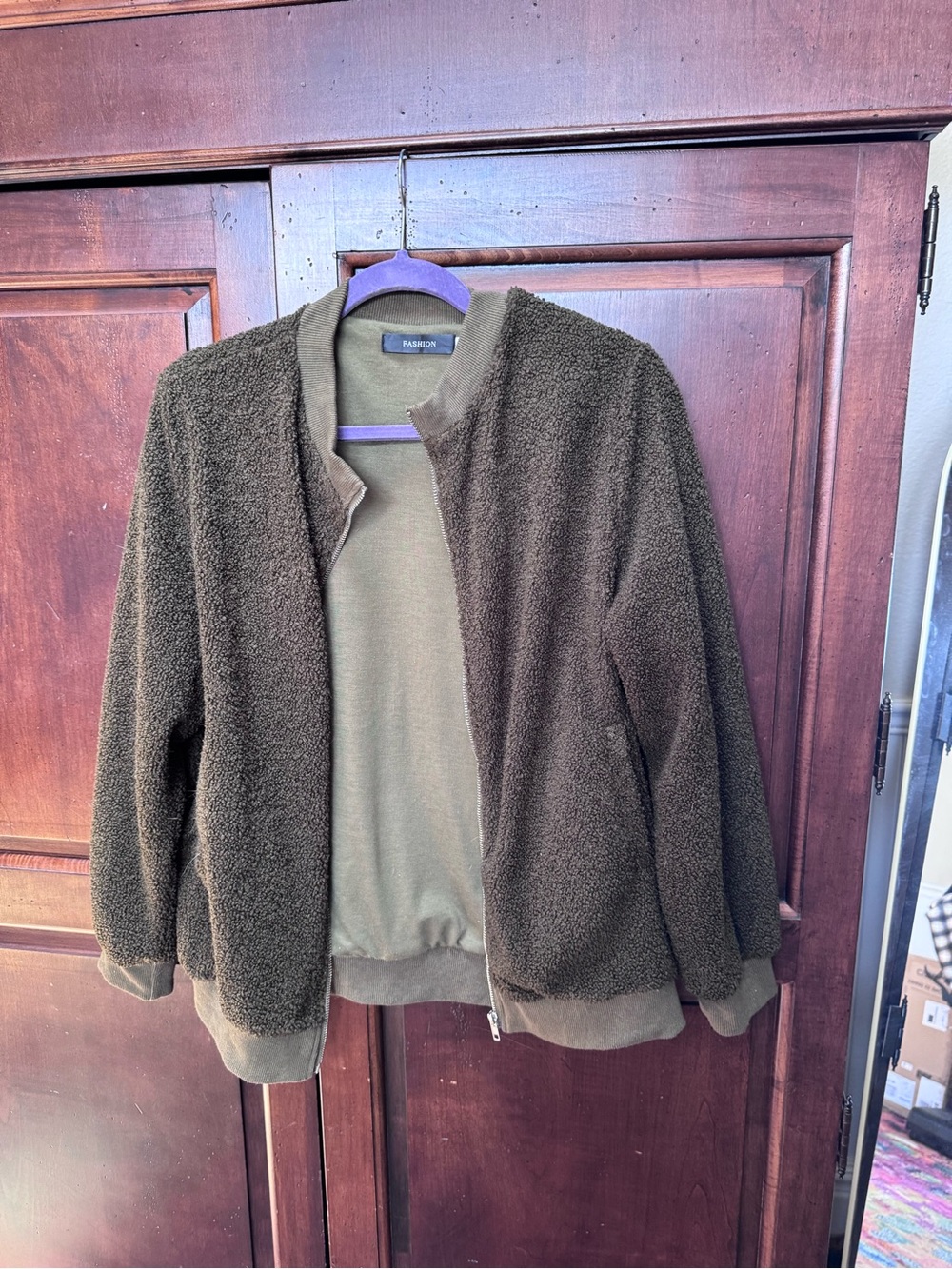 Olive Green Sherpa Bomber Jacket - Women, Large